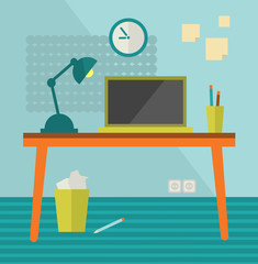 Workplace with moder computer on retro table.