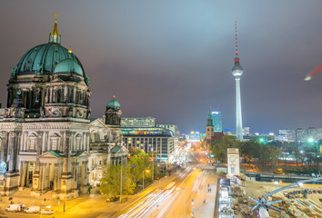 Berlin Cathedral with city aerial skyline at night