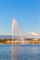 Naklejka na ściany i meble Water jet fountain at sunset in Geneva