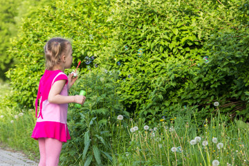 little girl with pigtails blows soap bubbles