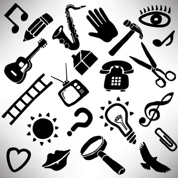 A collection of 22 funky vector objects in black and white