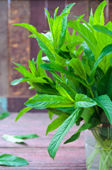Fresh mint bunch on garden table