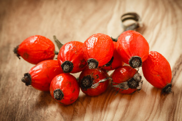 Hawthorn on wooden table background
