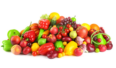 Heap of fresh fruits and vegetables  isolated on white