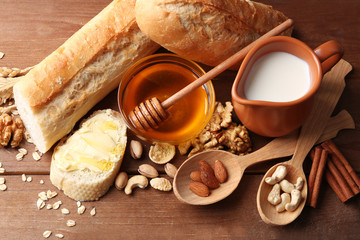Healthy breakfast with bread, honey, nuts. Country breakfast concept