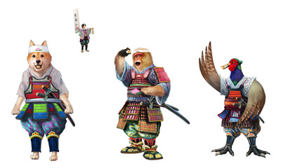 Obraz premium 桃太郎の家来の猿と犬とキジが吉備団子をもらって喜ぶ