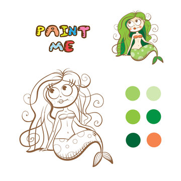 Coloring book with cartoon mermaid. Vector image.