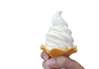 Soft cream ice cream cone melting on human hand isolated
