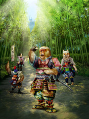 Obraz premium 桃太郎の家来の猿が吉備団子をもらって喜ぶ