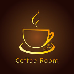 Cafe cup logo. The logotype with golden coffee beans for coffee rooms and cafes.