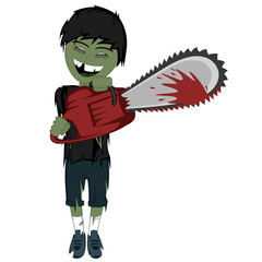 Zombie boy with surprise - Bizarre little zombie boy holding a bloody chainsaw