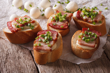 Crunchy crostini with bacon and mozzarella cheese. horizontal
