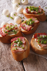 Crunchy crostini with bacon and mozzarella cheese close-up. vertical 
