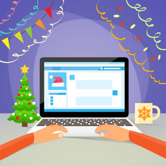 Laptop New Year Hands Type Using Computer Internet Christmas