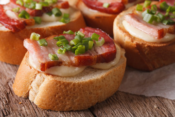 Crostini with bacon and mozzarella macro on the table. horizontal
