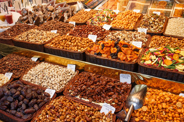 Dried fruit stall display in Barcelona's marketplace