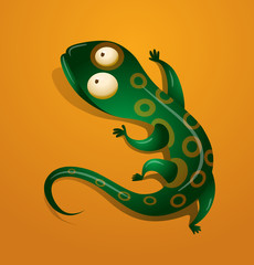 Vector funny green lizard in yellow rings on an orange background.