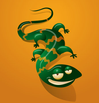 Vector funny green lizard in yellow wavy stripes on an orange background.