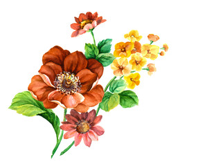 달리아와 노란 수선화 무리의 수채화