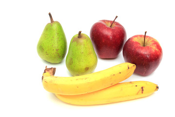 Juicy pears, apples and bananas. On a white background