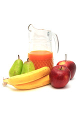 Pitcher of juice. Pears, apples and bananas. On a white backgrou