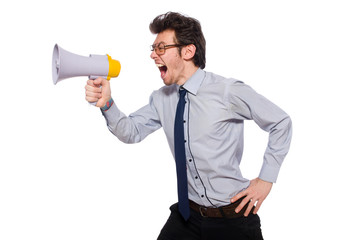 Fototapeta premium Young employee with loudspeaker isolated on white