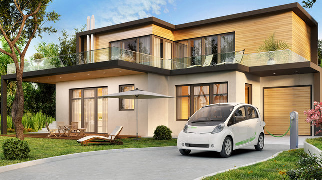 Modern house and electric car