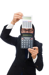 Man with calculator isolated on white