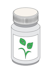 Vector image of a medicine bottle with a leaf on the label