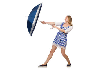 Woman with umbrella isolated on white