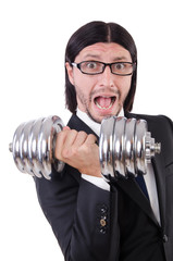 Young businessman holding barbell isolated on white