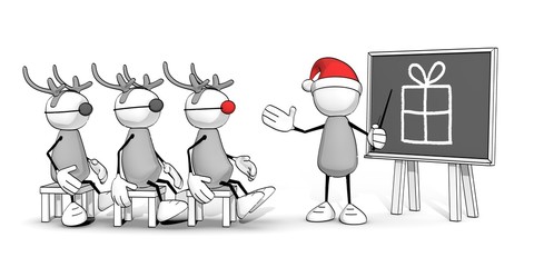 little sketchy man with santa hat holding a seminar for the reindeer