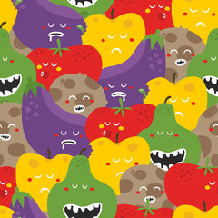 Crazy fruits and vegetables seamless pattern.