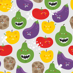 Crazy fruits and vegetables seamless pattern.