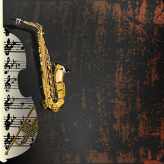 Naklejka premium Vector illustration of musical background in grunge style. Metal rusty background with a cutout of a violin or a saxophone Contrabass with gold leaf and music with a trumpet in the background.