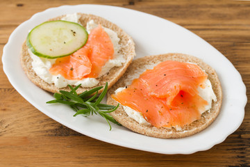 sandwich with cream cheese and smoked salmon on white plate