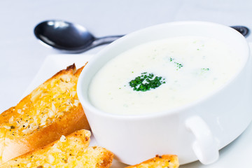 broccoli soup and garlic bread