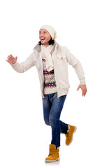 Young man in winter clothes isolated on white