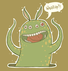 Vector cute green monster on a light brown background. The text is written in curves.