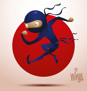 Vector ninja warrior in a jump to the left in blue traditional costume on light pink - red background. The text is written in curves.