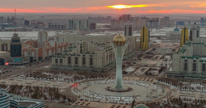 Astana, Kazakhstan 20.02.2014. Modern Futuristic Buildings. Panoramic view. Time lapse