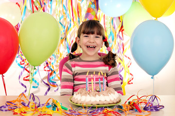 Fototapeta na wymiar happy little girl with birthday cake and balloons