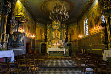 Fototapeta na wymiar Interior of the wooden antique church in Podstolice near Cracow. Poland