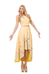 Blond girl in charming dress with flower prints isolated on