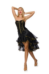 Naklejka premium Blond hair girl in black evening dress isolated on white