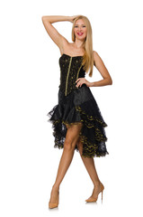 Blond hair girl in black evening dress isolated on white