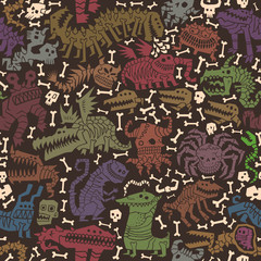 Obraz premium Vector multicolored monster seamless pattern on a dark background. 