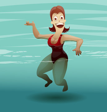 Vector woman in water on a light blue background. 