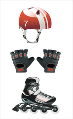 Illustration of roller skating equipment - roller skates, gloves, helmet,