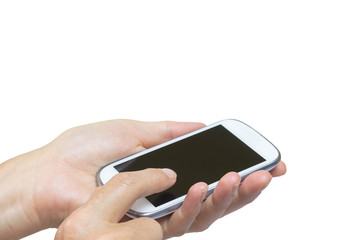 Female hand is toucing smart phone isolated on the white